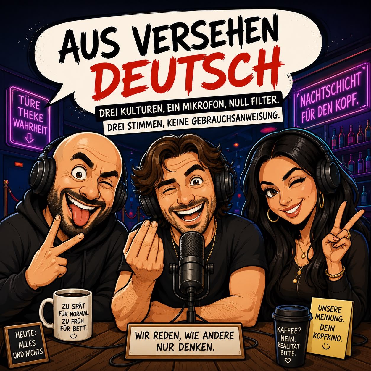Podcast-Cover von Aus Versehen Deutsch: Sammy, Sebastiano und Doni mit Kopfhörern am Mikrofon in einer Bar mit Neonschildern
